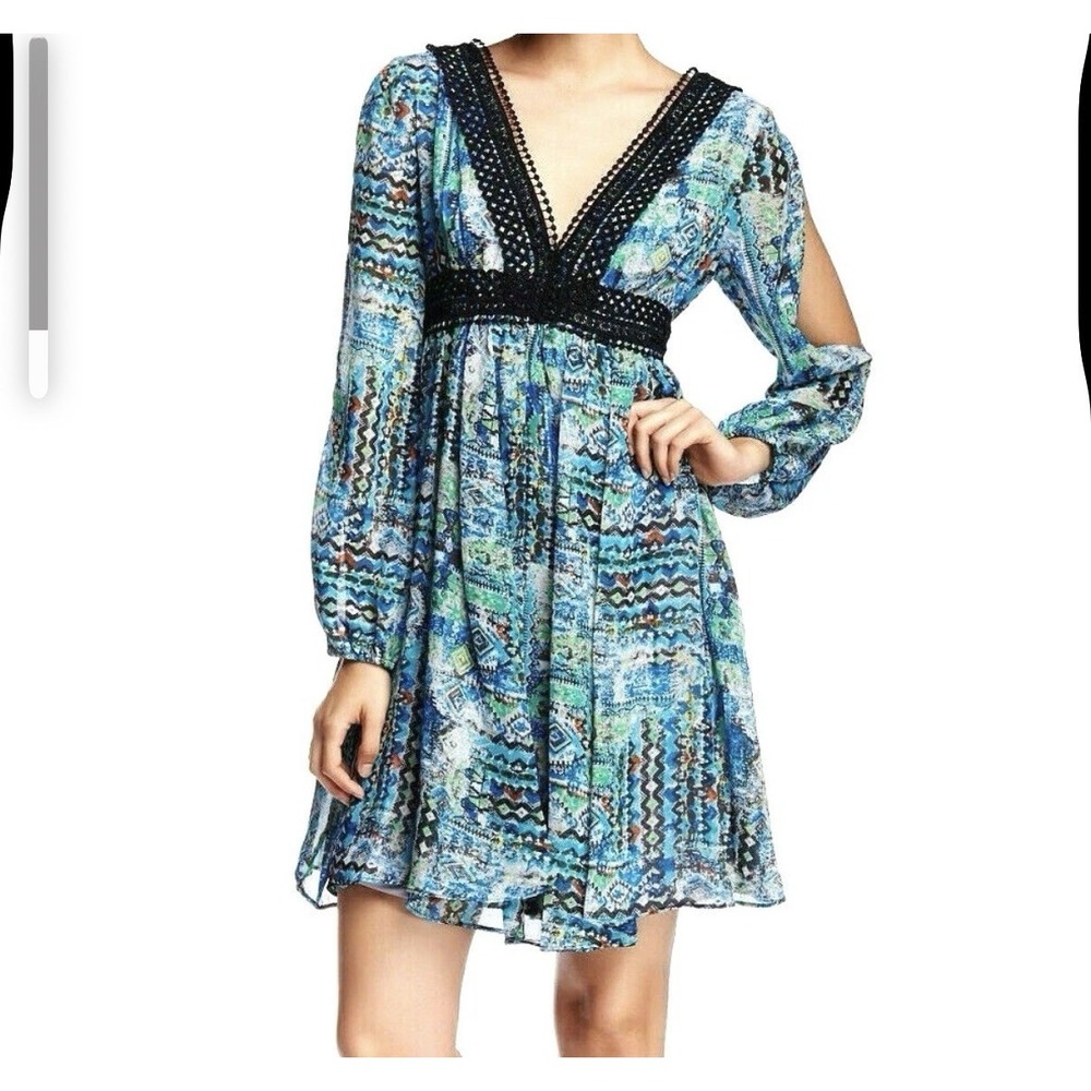 Betsey Johnson Blue Green Geometric Tribal Print Crochet Lace Mini Dress Size‎ 6
